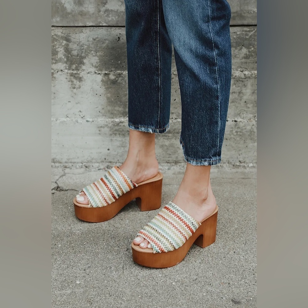 Lulus Laryssa Beige Multi Woven Peep-Toe Platform Mules - Size 8 NWOT - Picture 3 of 7